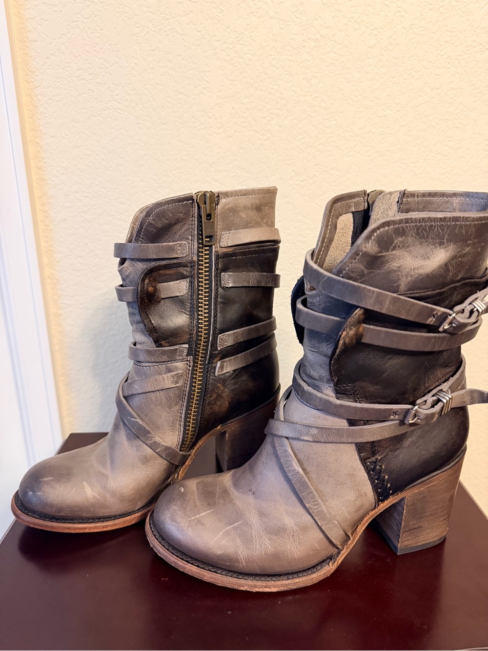 Freebird by Steven Two-Tone Gray & Black Distressed Strap Ankle Boots